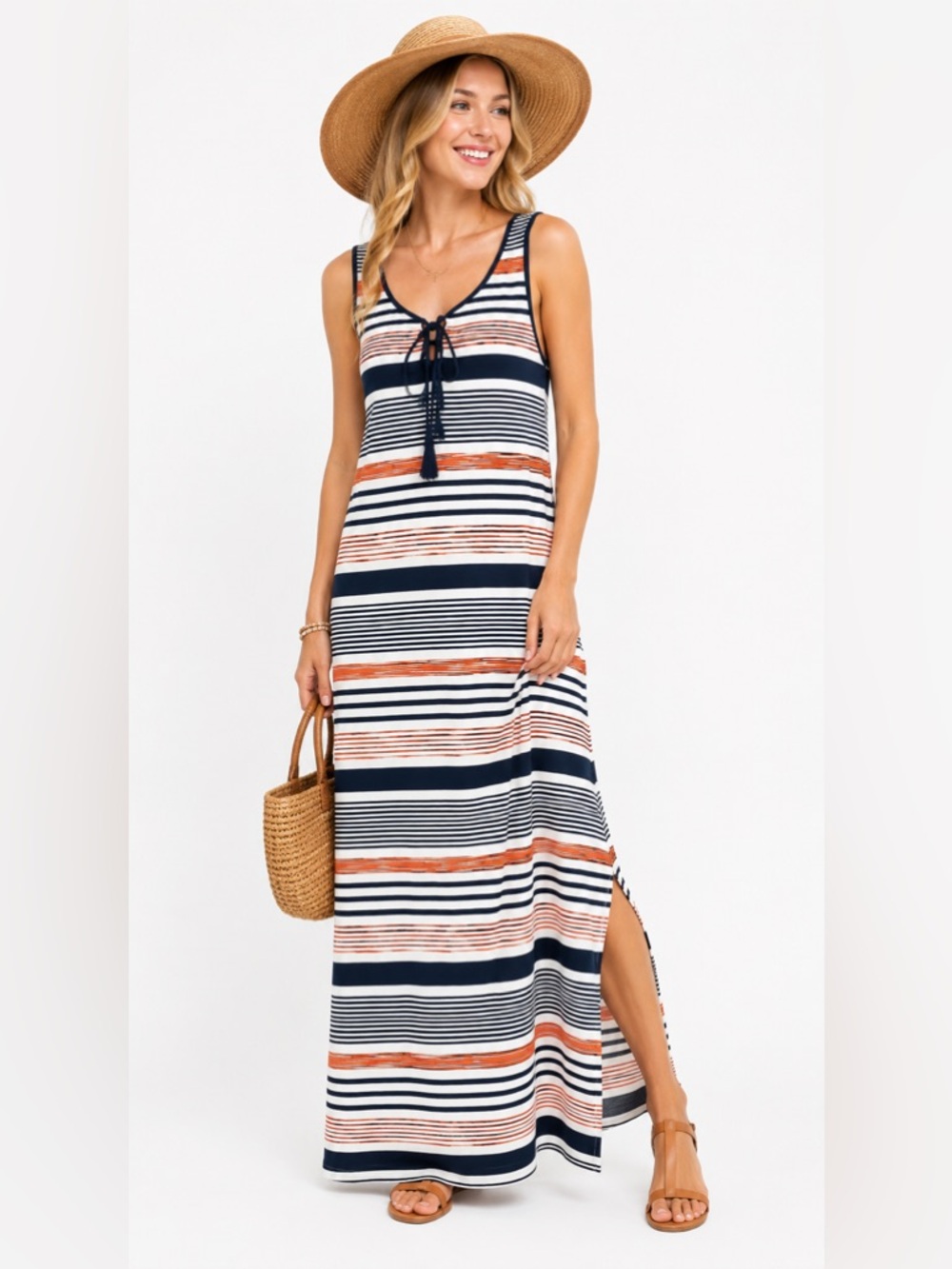 Talbots Coastal Knit Maxi Dress Striped Navy White Sleeveless Lace Up Tassel M